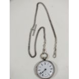 AN ANTIQUE SILVER POCKET WATCH AND SILVER DOUBLE ALBERT CHAIN