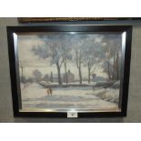 A MODERN FRAMED IMPRESSIONIST OIL ON PAPER LAID ON BOARD DEPICTING A WINTER SCENE NEAR CONWAY SIGNED
