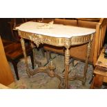 AN ANTIQUE GILT WOOD CONSOLE TABLE WITH MARBLE TOP H - 93 CM W - 114 CM