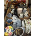 THREE TRAYS OF CERAMICS AND GLASSWARE ETC TO INCLUDE CAT FIGURES, SMOKEY GLASS ROSE BOWL ETC