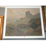 A VINTAGE OIL ON CANVAS DEPICTING DEER BEFORE CASTLE SIGNED COX LOWER LEFT