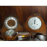 TWO VINTAGE OAK MANTLE CLOCKS TOGETHER WITH A SMALL BAROMETER