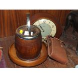 A VINTAGE MANTEL CLOCK, OAK BISCUIT BARREL, FRUIT BOWL AND AN ENSIGN RANGER II CAMERA (4)