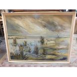A LARGE FRAMED OIL ON BOARD DEPICTING A WHITE HORSE IN A MARSHAL LANDSCAPE BY CAVAN CORRIGIN