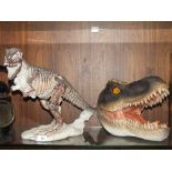 A LARGE NOVELTY WALL HANGING T-REX HEAD TOGETHER WITH A MODEL T-REX SKELETON