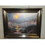 A FRAMED OIL ON CANVAS DEPICTING A BEACH SCENE WITH SUNSET