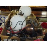 A LARGE BOX OF CONVERTED OIL LAMPS AND METALWARE ETC