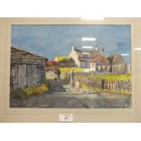 A FRAMED AND GLAZED WATERCOLOUR ENTITLED SCOTTISH VILLAGE SCENE BY E R ROBERTS