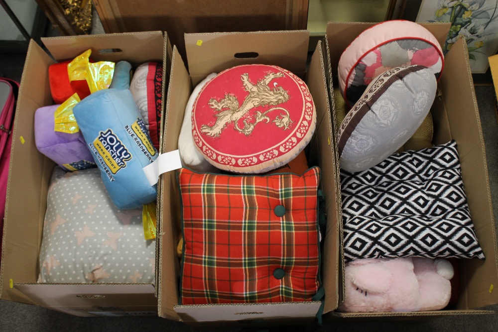 THREE LARGE BOXES OF MODERN NOVELTY CUSHIONS