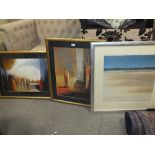 THREE LARGE FRAMED AND GLAZED PRINTS COMPRISING OF TWO MODERNIST FIGURE STUDIES AND A BEACH SCENE