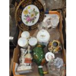 A TRAY OF ASSORTED CERAMICS AND GLASS TO INCLUDE AYNSLEY, WEST-GERMAN WALL PLATE, STUART CRYSTAL