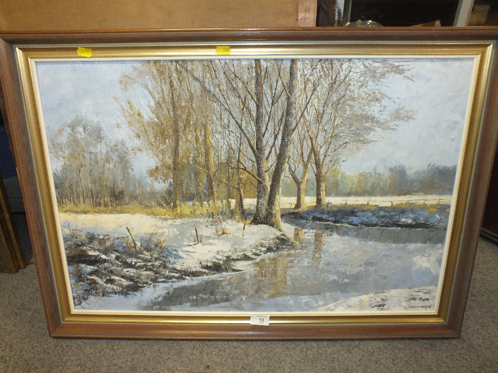 A FRAMED IMPRESSIONIST OIL ON BOARD DEPICTING A WINTER WOODED RIVER SCENE SIGNED JOHN WAKE