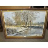 A FRAMED IMPRESSIONIST OIL ON BOARD DEPICTING A WINTER WOODED RIVER SCENE SIGNED JOHN WAKE