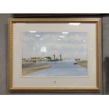 A GILT FRAMED AND GLAZED WATERCOLOUR DEPICTING A HARBOUR SCENE BY RAY WITCHARD