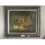 A FRAMED OIL ON CANVAS DEPICTING CHICKENS IN A BARN SIGNED A JACKSON