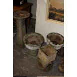 A PAIR OF STONE GARDEN PLANTERS PLUS ANOTHER TOGETHER WITH A SHALLOW BIRD BATH A/F