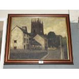 A FRAMED OIL ON BOARD DEPICTING A BUILDINGS BEFORE A CHURCH SIGNED D H ROSE