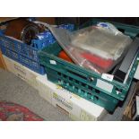 FOUR BOXES OF ASSORTED SUNDRIES TO INCLUDE A MANTEL CLOCK, SCALES ETC.