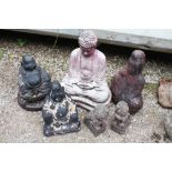 FOUR SITTING BUDDHA FIGURES PLUS A PAIR OF ORIENTAL ANIMAL FIGURES