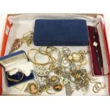 A COLLECTION OF COSTUME JEWELLERY ETC. TO INCLUDE A 9CT GOLD LADIES ROTARY WRISTWATCH, MICAL WATCH