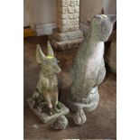 A STONE SEATED CAT FIGURE TOGETHER WITH AN ANUBIS EGYPTIAN DOG STYLE FIGURE A/F PLUS TWO BIRDS