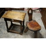 A SMALL OAK JOINT TYPE STOOL - H 48 cm PLUS ANOTHER STOOL (2)