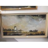 A LARGE FRAMED OIL ON BOARD DEPICTING LANDSCAPE HORSE AND CART AND WINDMILL BY CAVAN CORRIGAN