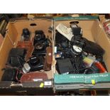 TWO TRAYS OF ASSORTED CAMERAS AND ACCESSORIES TO INCLUDE CANON