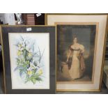 A FRAMED AND GLAZED MARJORIE BISHOP WATERCOLOUR STILL LIFE STUDY TOGETHER WITH A COLOURED AQUATINT