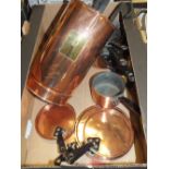 A TRAY OF COPPER AND BRASS MEASURES, COOKING PANS ETC