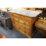 A FRENCH MARBLE TOPPED FOUR DRAWER CHEST - H 102 cm, W 130 cm A/F