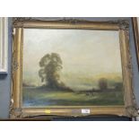 A GILT FRAMED OIL ON CANVAS DEPICTING A COUNTRY LANDSCAPE WITH CATTLE SIGNED PETER SHORE