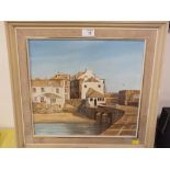 CORNISH SCHOOL - IAN MCKIE, FRAMED OIL ON CANVAS ST IVES HARBOUR SCENE 'KEY HOUSE' SEE VERSO