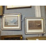 TWO FRAMED AND GLAZED ALPINE VIEW WATERCOLOURS TO INCLUDE A MONOCHROME EXAMPLE