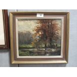 A FRAMED IMPRESSIONIST OIL ON BOARD DEPICTING CATTLE BY A STREAM (INFORMATION VERSO)