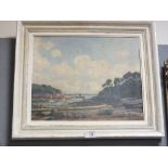 A FRAMED ST IVES SCHOOL OIL ON BOARD DEPICTING AN ESTUARY SCENE INDISTINCTLY SIGNED