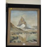 AN INDISTINCTLY SIGNED FRAMED OIL ON CANVAS DEPICTING A MOUNTAINOUS SCENE