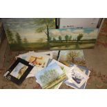 A LARGE QUANTITY OF UNFRAMED OIL PAINTINGS ON BOARD, WATERCOLOURS AND PRINTS ETC.