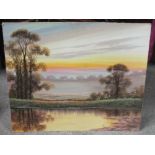 AN UNFRAMED OIL ON BOARD DEPICTING A COUNTRY SUNSET SCENE SIGNED BECK