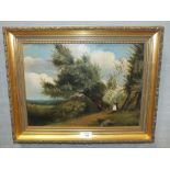 A GILT FRAMED 19TH CENTURY OIL ON BOARD DEPICTING A FIGURE AND PIGS IN A LANDSCAPE