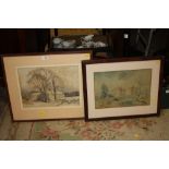 A FRAMED AND GLAZED WATERCOLOUR DEPICTING COUNTRY BUILDINGS SIGNED HENRY WILSON, TOGETHER WITH