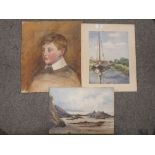 THREE UNFRAMED WATERCOLOURS TO INCLUDE A PORTRAIT STUDY, SEASCAPE ETC.