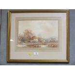 A FRAMED AND GLAZED WATERCOLOUR DEPICTING A RUSTIC COTTAGE SCENE SIGNED RUBENS SOUTHEY