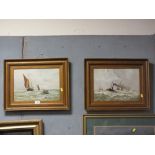 A PAIR OF GILT FRAMED OIL ON BOARDS DEPICTING SHIPS AT SEA INITIALLED AMC