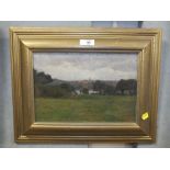 A FRAMED IMPRESSIONIST OIL ON BOARD DEPICTING COUNTRY SCENE WITH CHURCH SPIRE SIGNED F.A. BISHOP