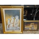 A GILT FRAMED PRINT OF MEERKATS BY STEPHEN GAYFORD TOGETHER WITH ANOTHER (2)