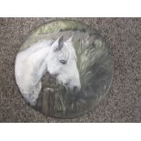 A CIRCULAR PAINTING ON SLATE DEPICTING A WHITE HORSE ENTITLED 'MISTY' BY JOAN FIELDEN