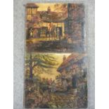 A PAIR OF VINTAGE UNFRAMED OIL ON CANVAS'S DEPICTING A HUNTSMAN ARRIVING HOME