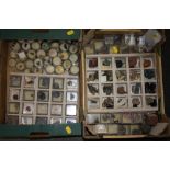 TWO TRAYS OF ASSORTED GEOLOGICAL SPECIMENS TO INCLUDE GEMSTONES, ROCK, FOSSILS AND MINERALS ETC.