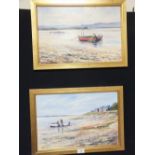 A PAIR OF GILT FRAMED OIL ON BOARDS DEPICTING BEACH SCENES WITH BOATS AND FIGURES SIGNED HARRY